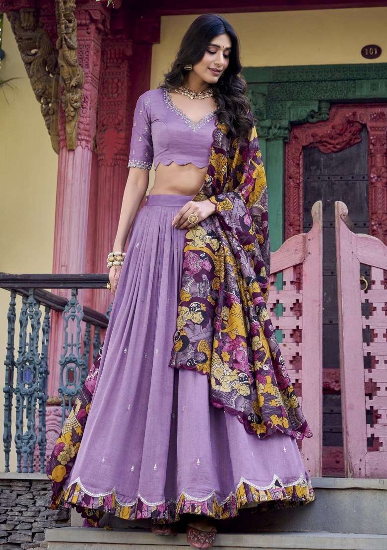 Purple Printed Silk Blend Lehenga Set With Dupatta for Diwali and Festive Wear - Indya