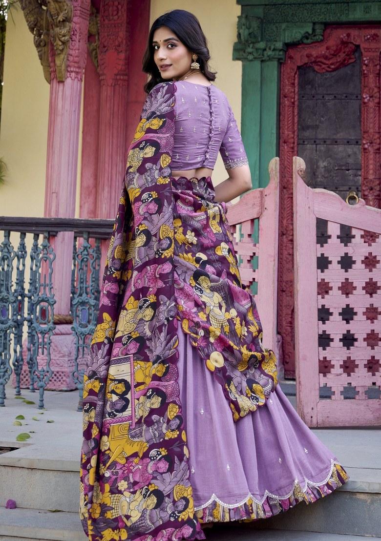 Purple Printed Silk Lehenga Set With Dupatta