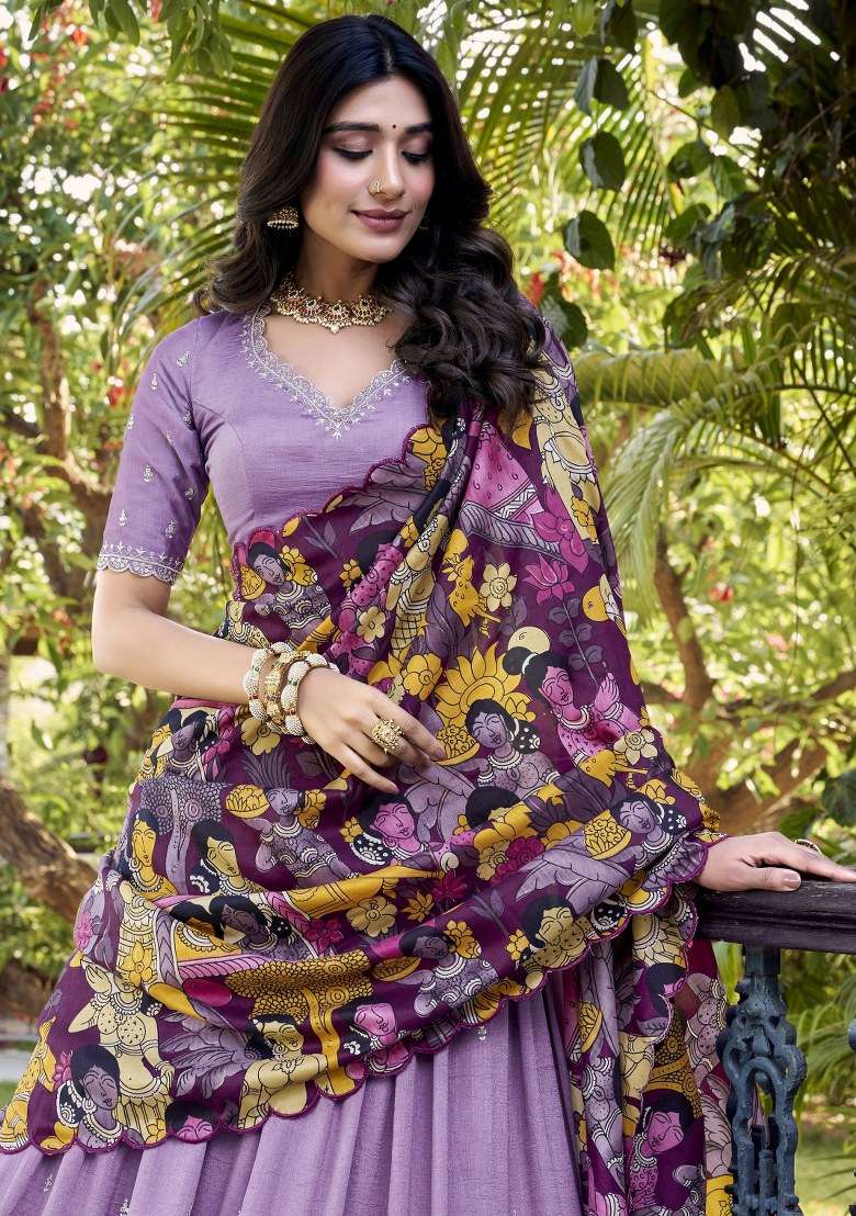 Purple Printed Silk Blend Lehenga Set With Dupatta for Diwali and Festive Wear - Indya