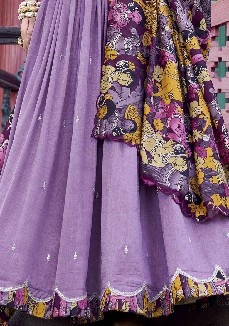 Purple Printed Silk Lehenga Set With Dupatta