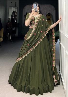 Green Embroidered Georgette Lehenga Set With Dupatta