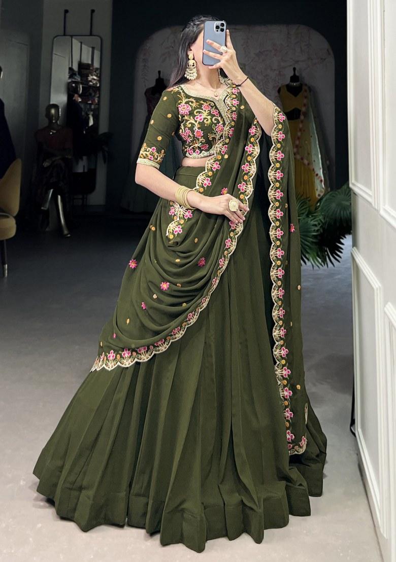 Green Embroidered Georgette Lehenga Set With Dupatta