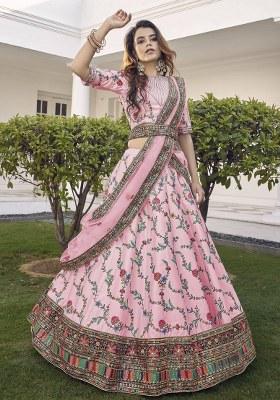 Pink Embroidered Silk Lehenga Set With Dupatta