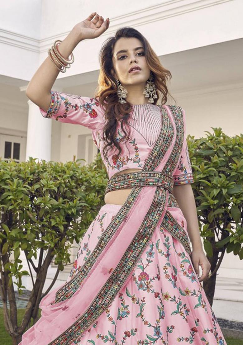 Pink Embroidered Silk Lehenga Set With Dupatta