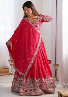 Red Embroidered Crepe Lehenga Set With Dupatta