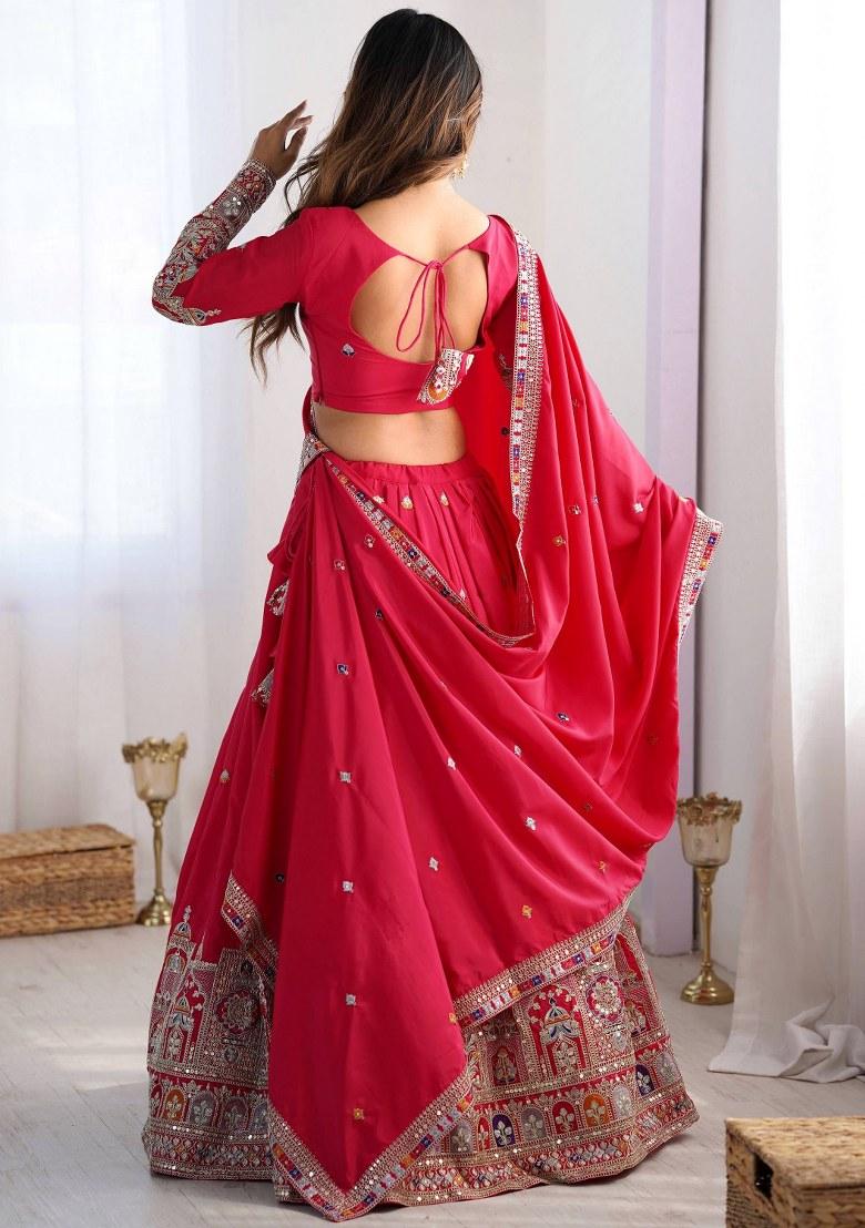 Red Embroidered Crepe Lehenga Set With Dupatta