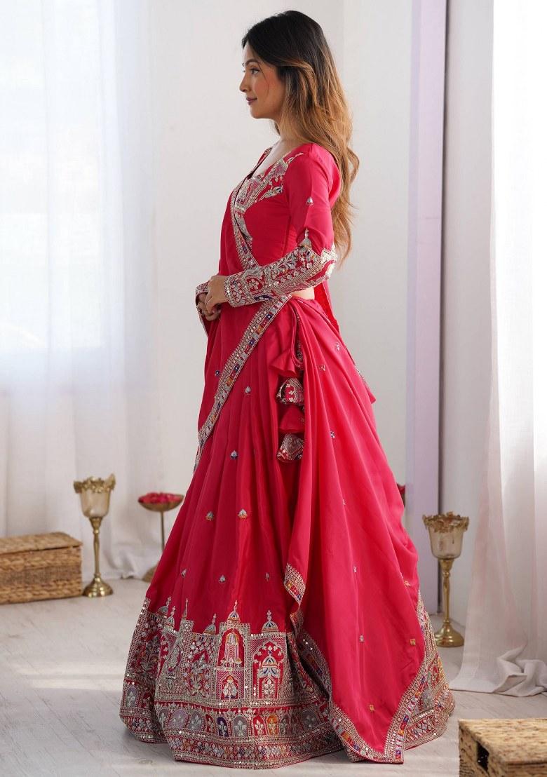 Red Embroidered Crepe Lehenga Set With Dupatta