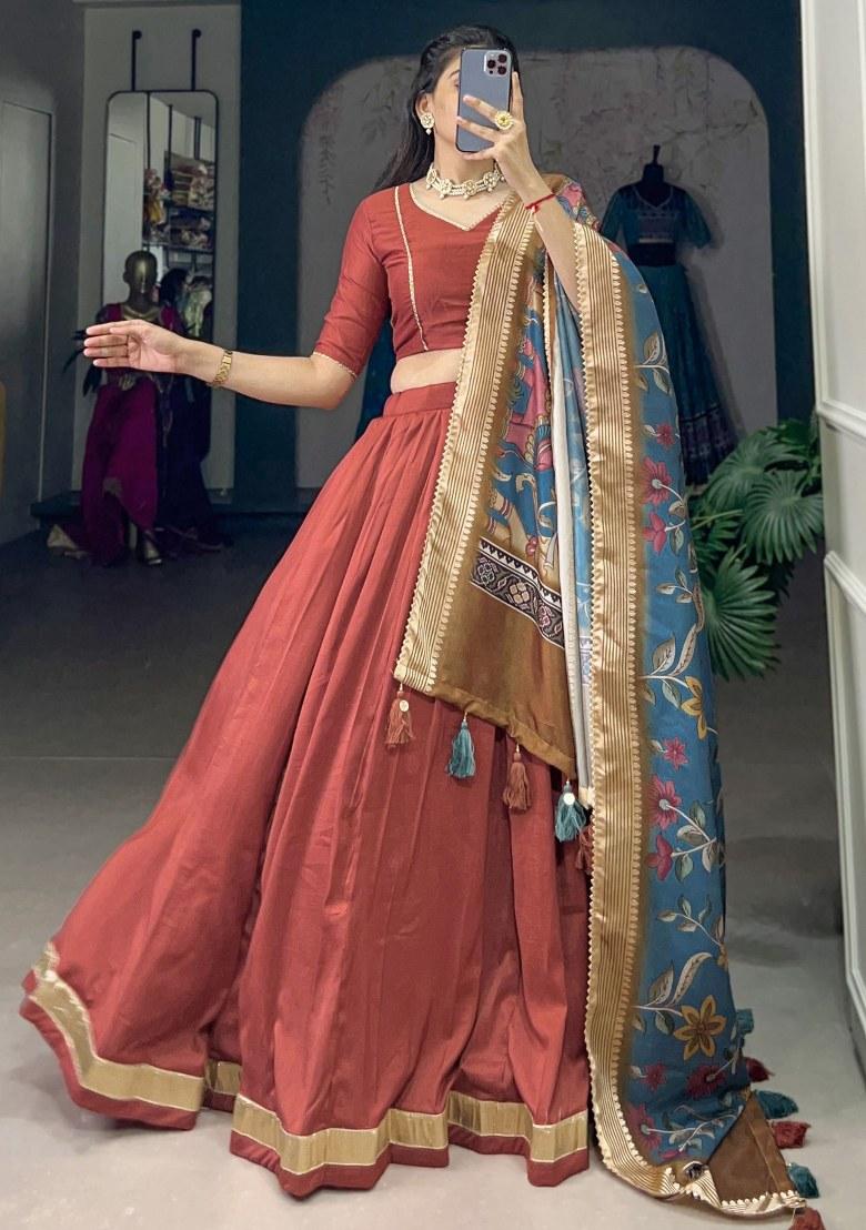 Red Embroidered Silk Lehenga Set With Dupatta