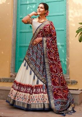 White Printed Silk Lehenga Set With Dupatta