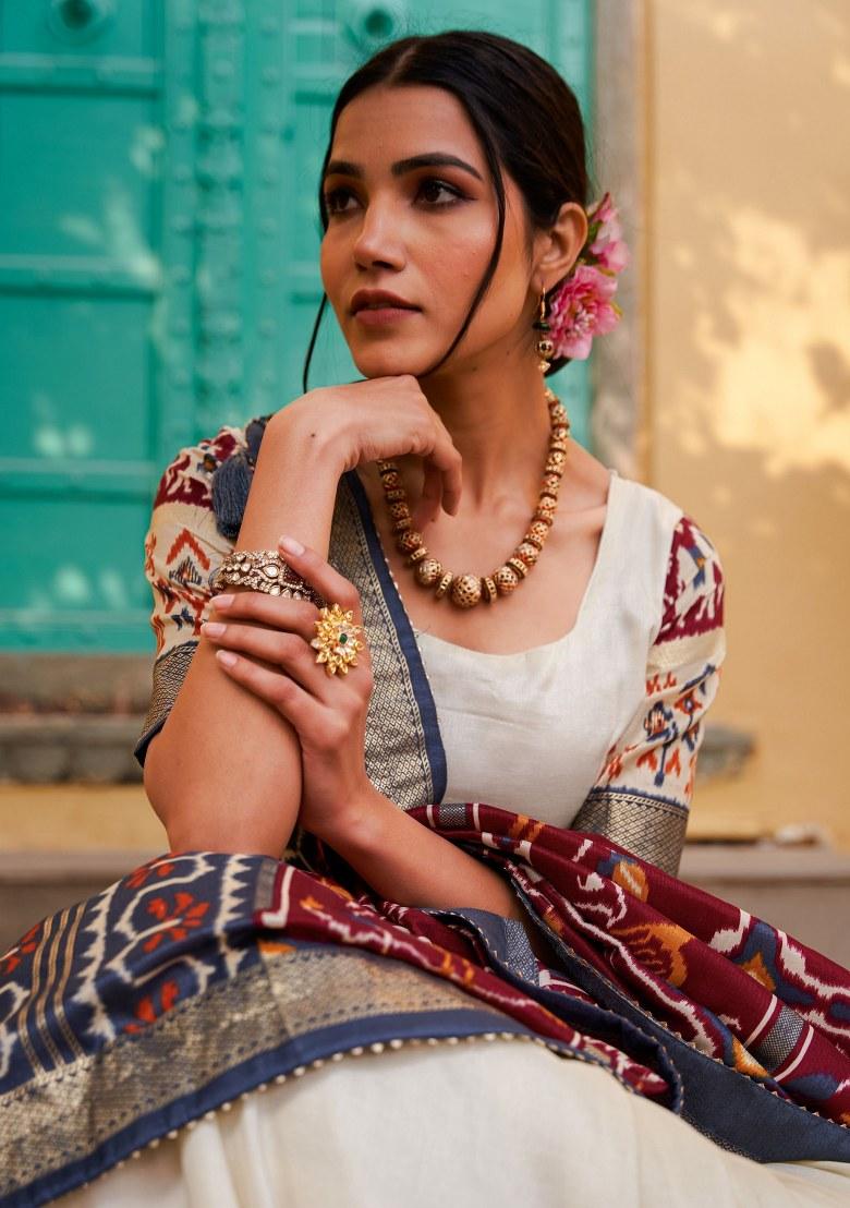 White Printed Silk Lehenga Set With Dupatta