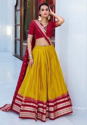 Yellow Embroidered Chanderi Lehenga Set With Dupatta