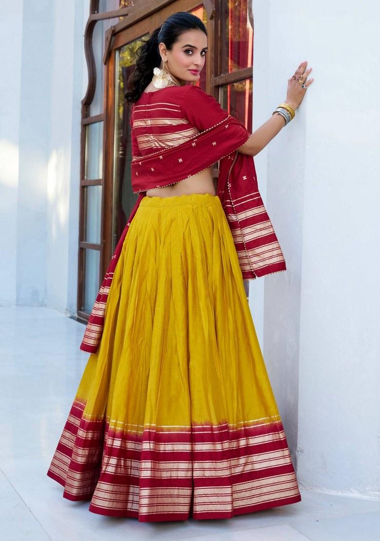 Yellow Embroidered Chanderi Lehenga Set With Dupatta