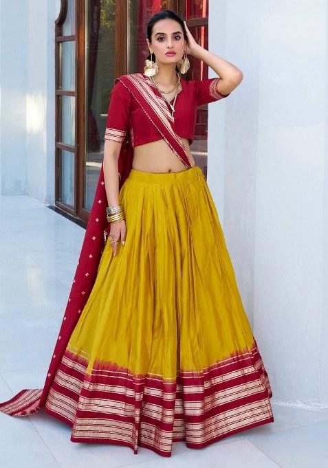 Yellow Embroidered Chanderi Lehenga Set With Dupatta