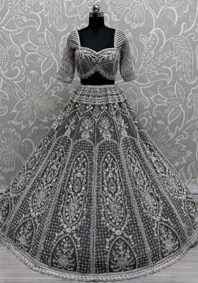 Grey Embroidered Net Lehenga Set With Dupatta