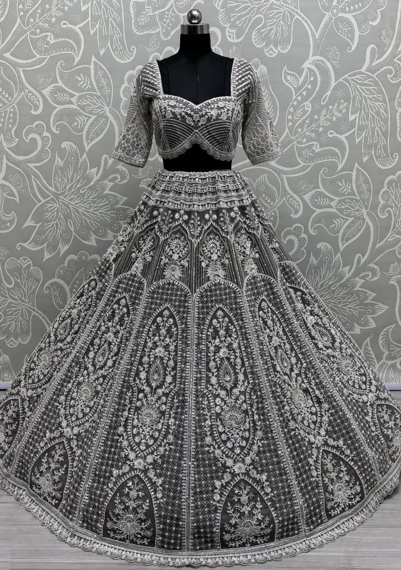 Grey Embroidered Net Lehenga Set With Dupatta