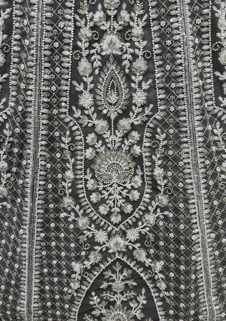 Grey Embroidered Net Lehenga Set With Dupatta