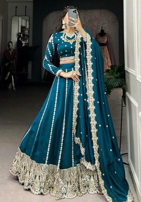Blue Embroidered Silk Lehenga Set With Dupatta