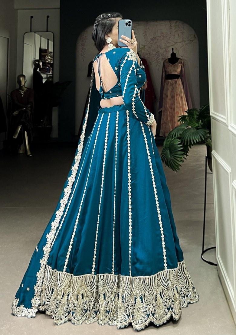 Blue Embroidered Silk Lehenga Set With Dupatta