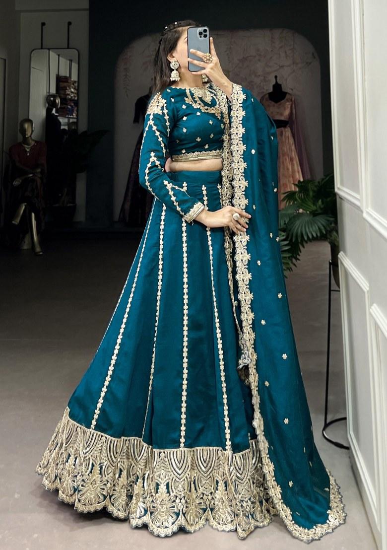 Blue Embroidered Silk Lehenga Set With Dupatta