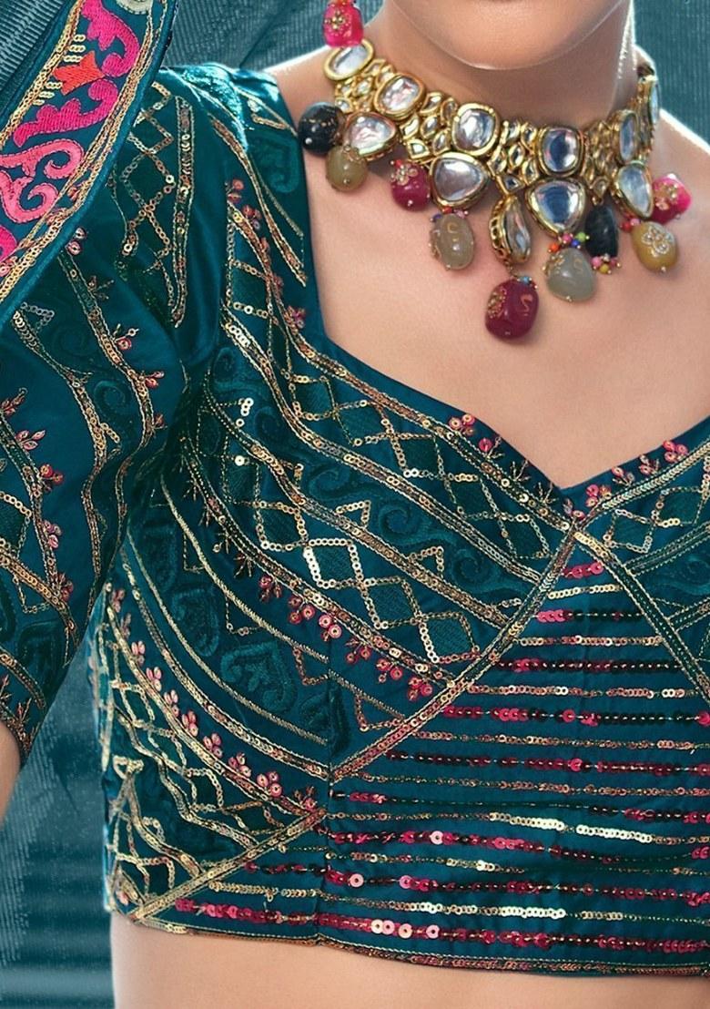 Blue Embroidered Silk Lehenga Set With Dupatta