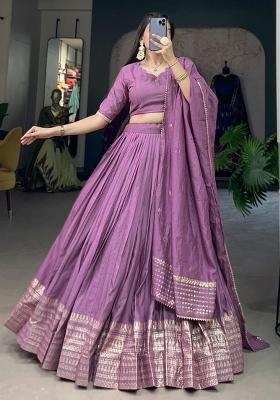 Lavender Embroidered Chanderi Lehenga Set With Dupatta