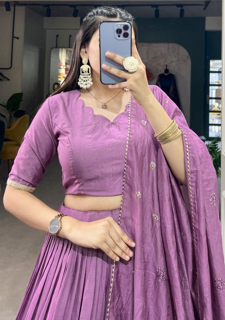 Lavender Embroidered Chanderi Lehenga Set With Dupatta