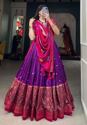 Purple Printed Silk Lehenga Set With Dupatta