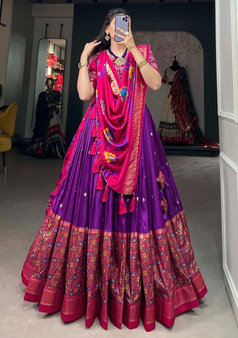 Purple Printed Silk Lehenga Set With Dupatta