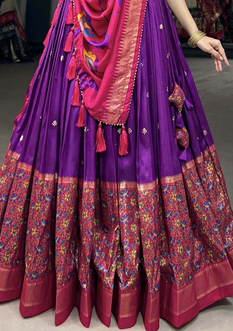 Purple Printed Silk Lehenga Set With Dupatta