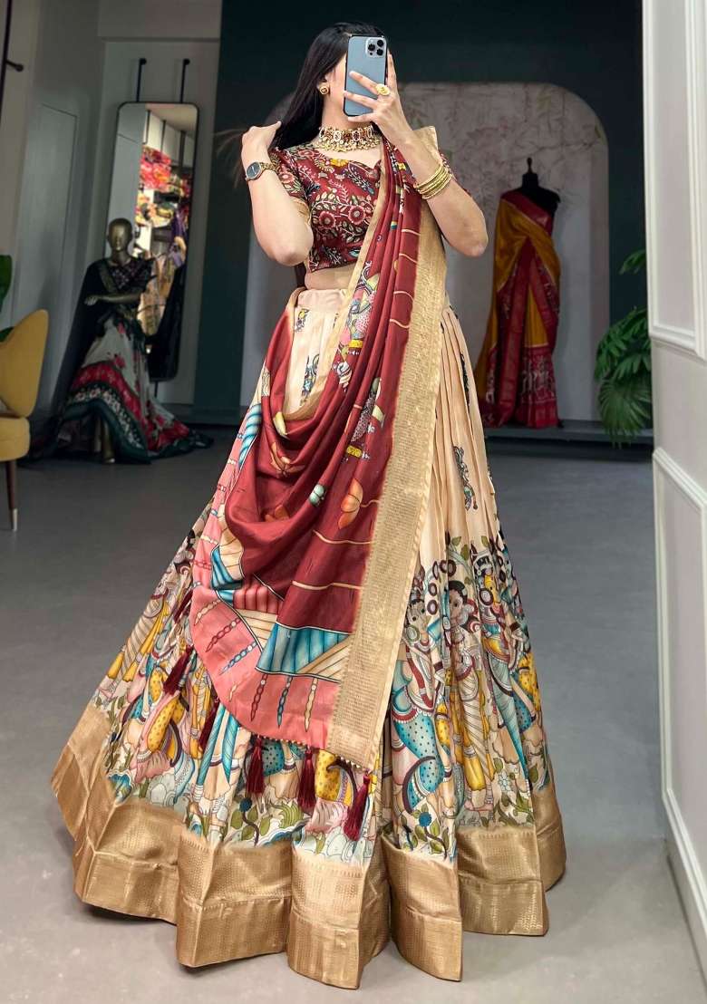 Cream Printed Silk Blend Lehenga Set With Dupatta - Indya