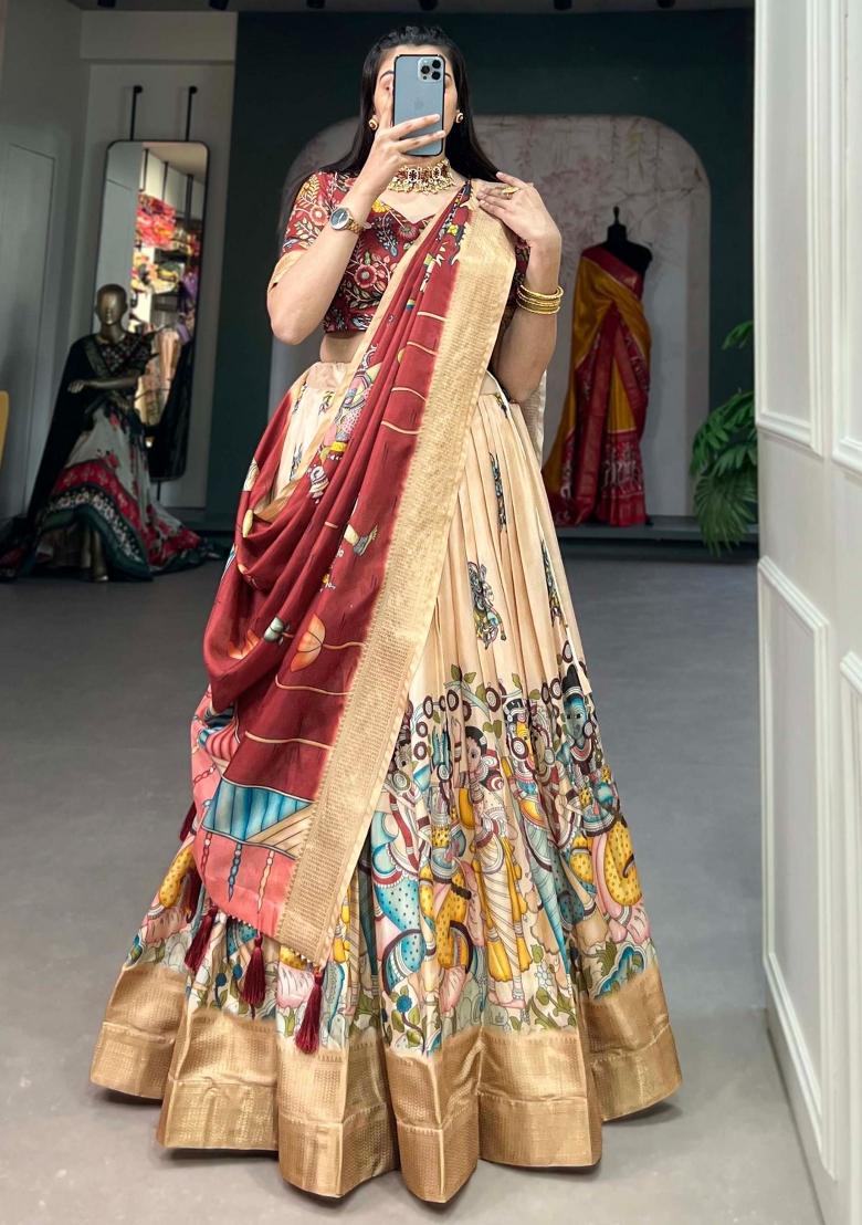 Cream Printed Silk Lehenga Set With Dupatta