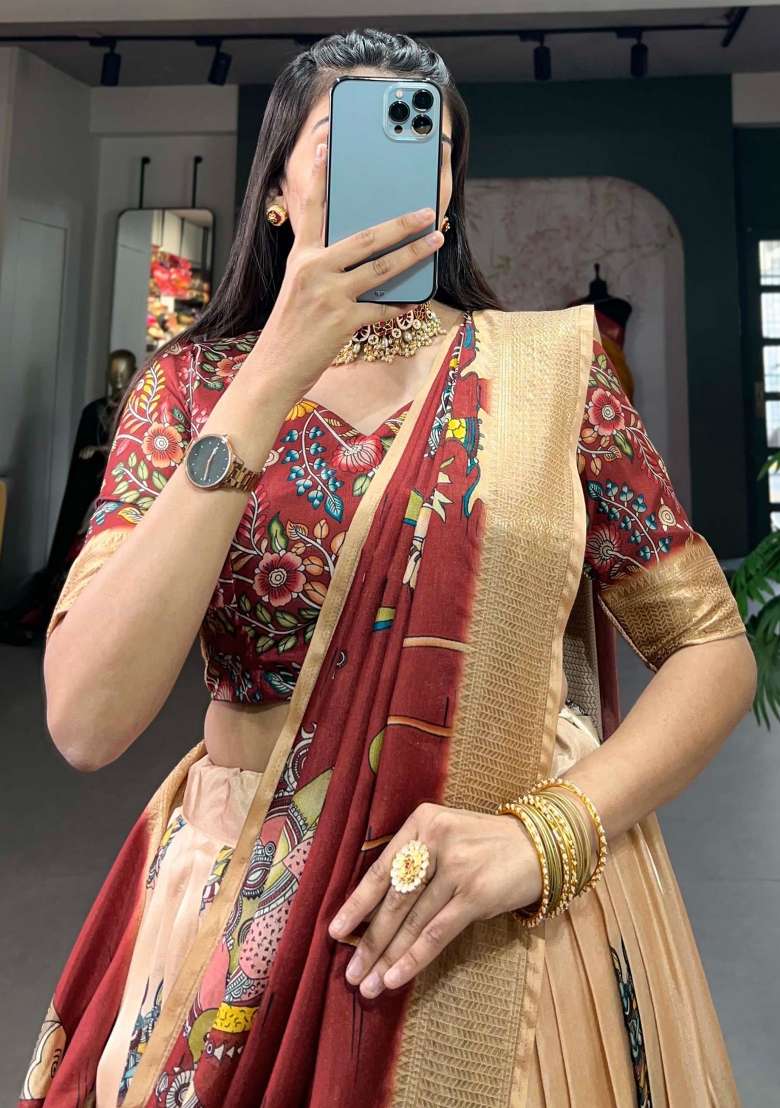 Cream Printed Silk Blend Lehenga Set With Dupatta - Indya