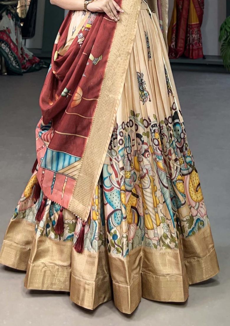 Cream Printed Silk Lehenga Set With Dupatta