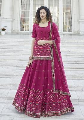 Pink Embroidered Chiffon Lehenga Set With Dupatta