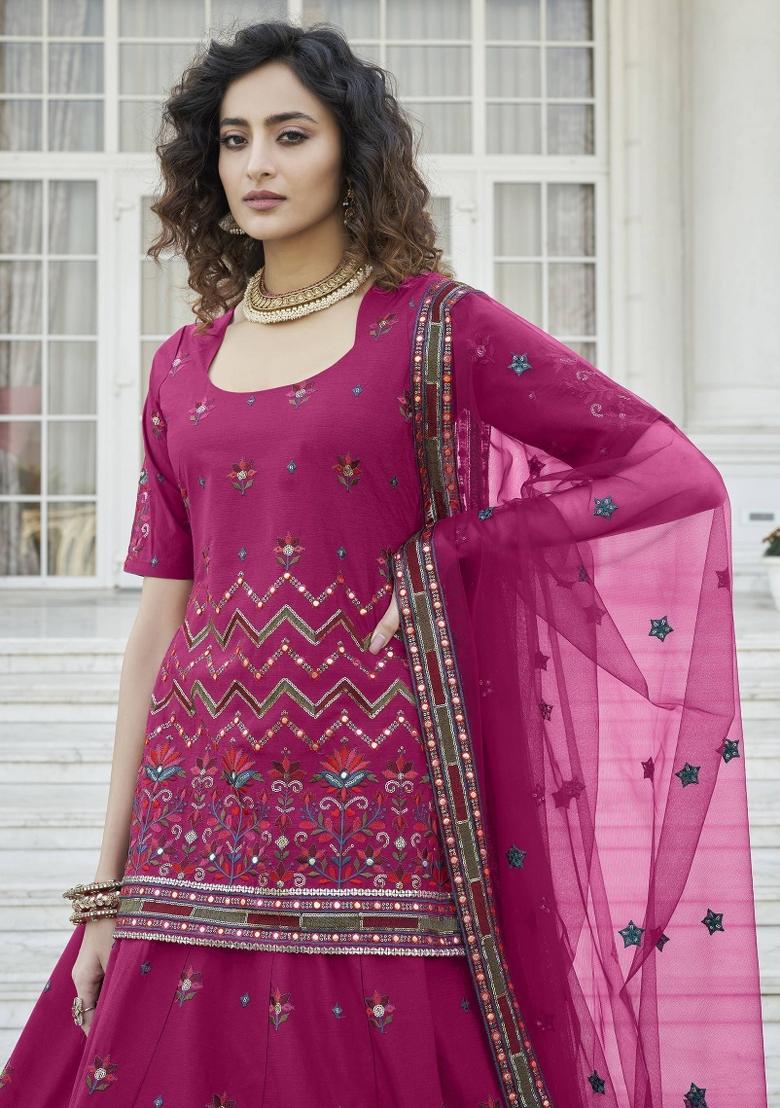 Pink Embroidered Chiffon Lehenga Set With Dupatta