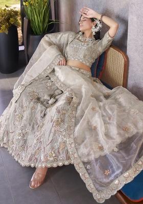 Grey Embroidered Silk Lehenga Set With Dupatta