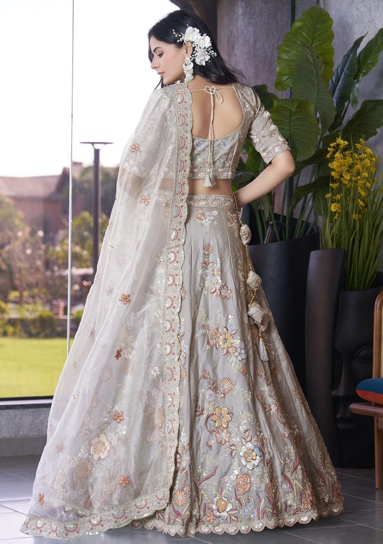 Grey Embroidered Silk Lehenga Set With Dupatta