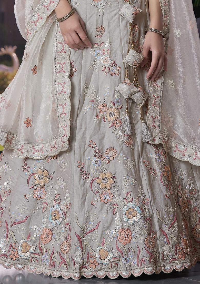 Grey Embroidered Silk Lehenga Set With Dupatta