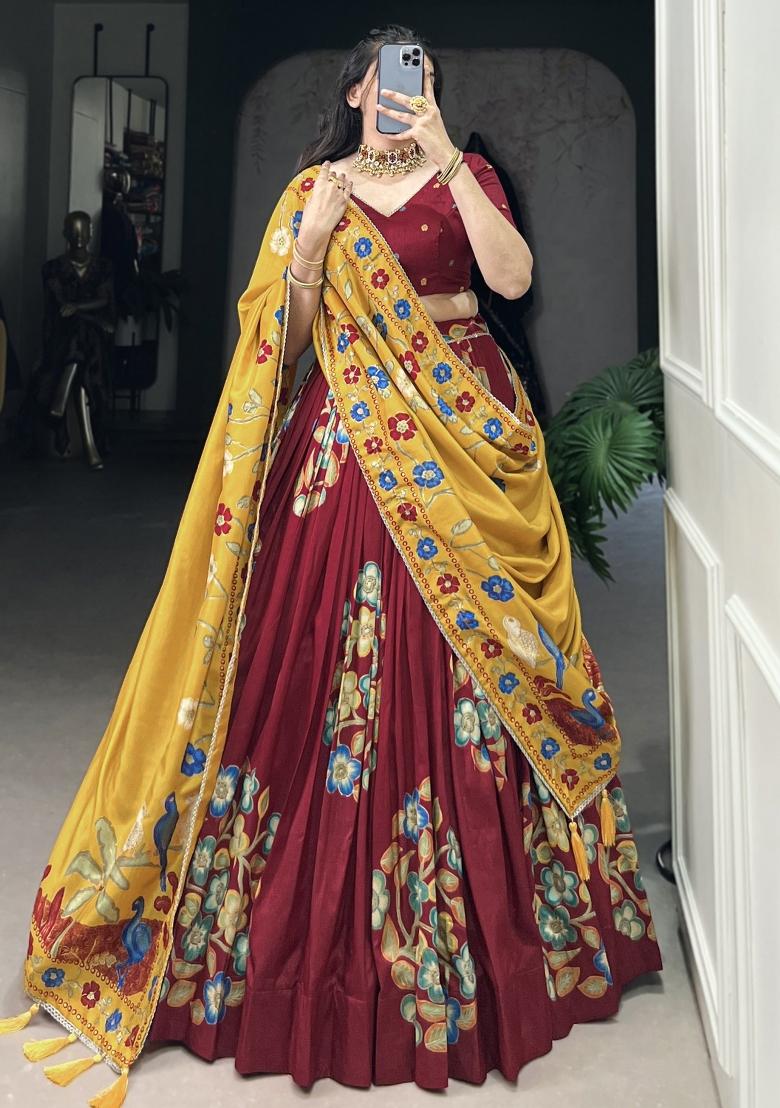 Maroon Printed Silk Lehenga Set With Dupatta