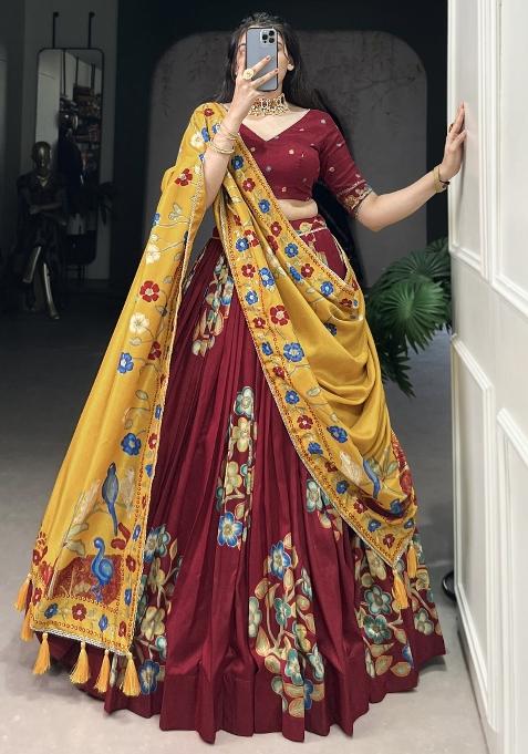 Maroon Printed Silk Lehenga Set With Dupatta — view on Indya