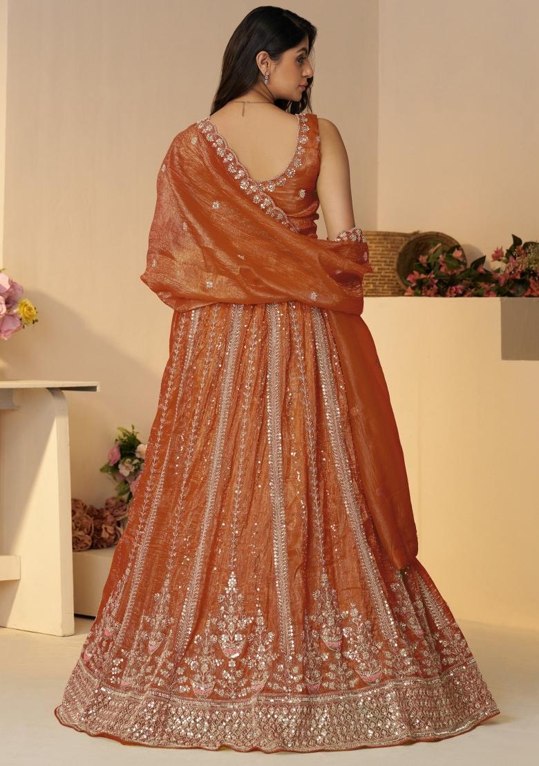 Orange Embroidered Silk Lehenga Set With Dupatta