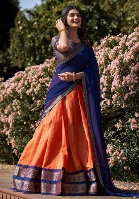 Orange Embroidered Silk Lehenga Set With Dupatta