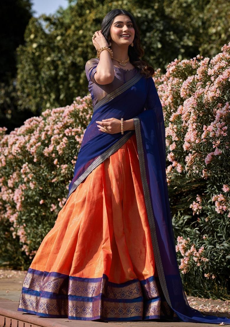 Orange Embroidered Silk Lehenga Set With Dupatta