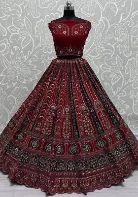 Pink Embroidered Velvet Lehenga Set With Dupatta