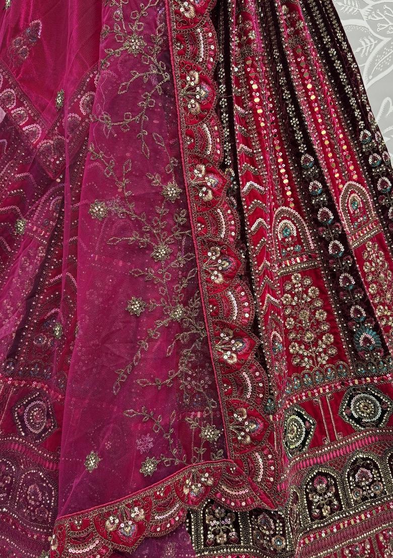 Pink Embroidered Velvet Lehenga Set With Dupatta