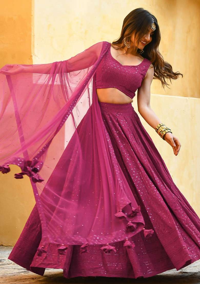 Pink Embroidered Georgette Lehenga Set With Dupatta for Diwali and Festive Wear - Indya
