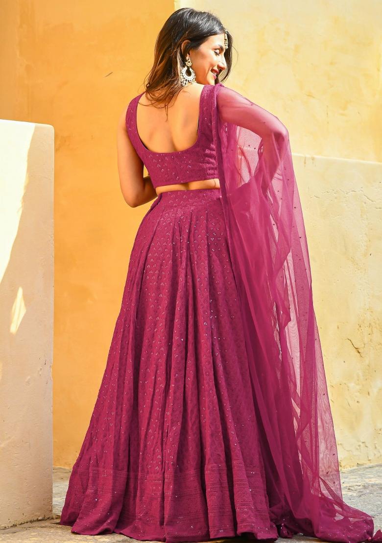 Pink Embroidered Georgette Lehenga Set With Dupatta