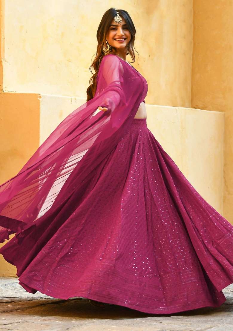 Pink Embroidered Georgette Lehenga Set With Dupatta for Diwali and Festive Wear - Indya