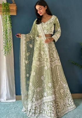 Green Embroidered Net Lehenga Set With Dupatta