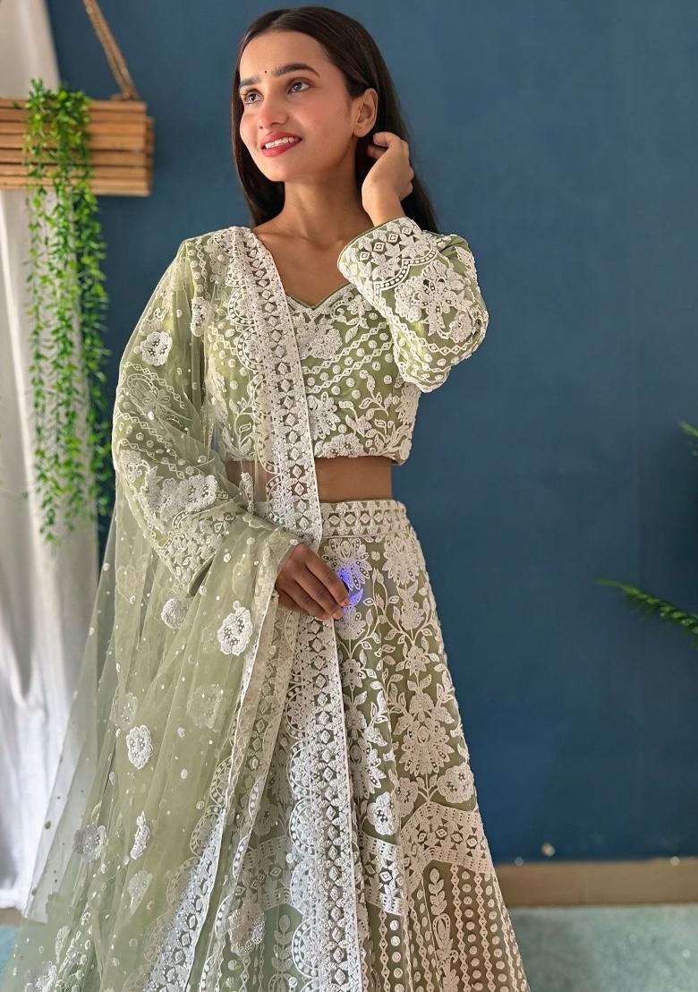 Green Embroidered Net Lehenga Set With Dupatta
